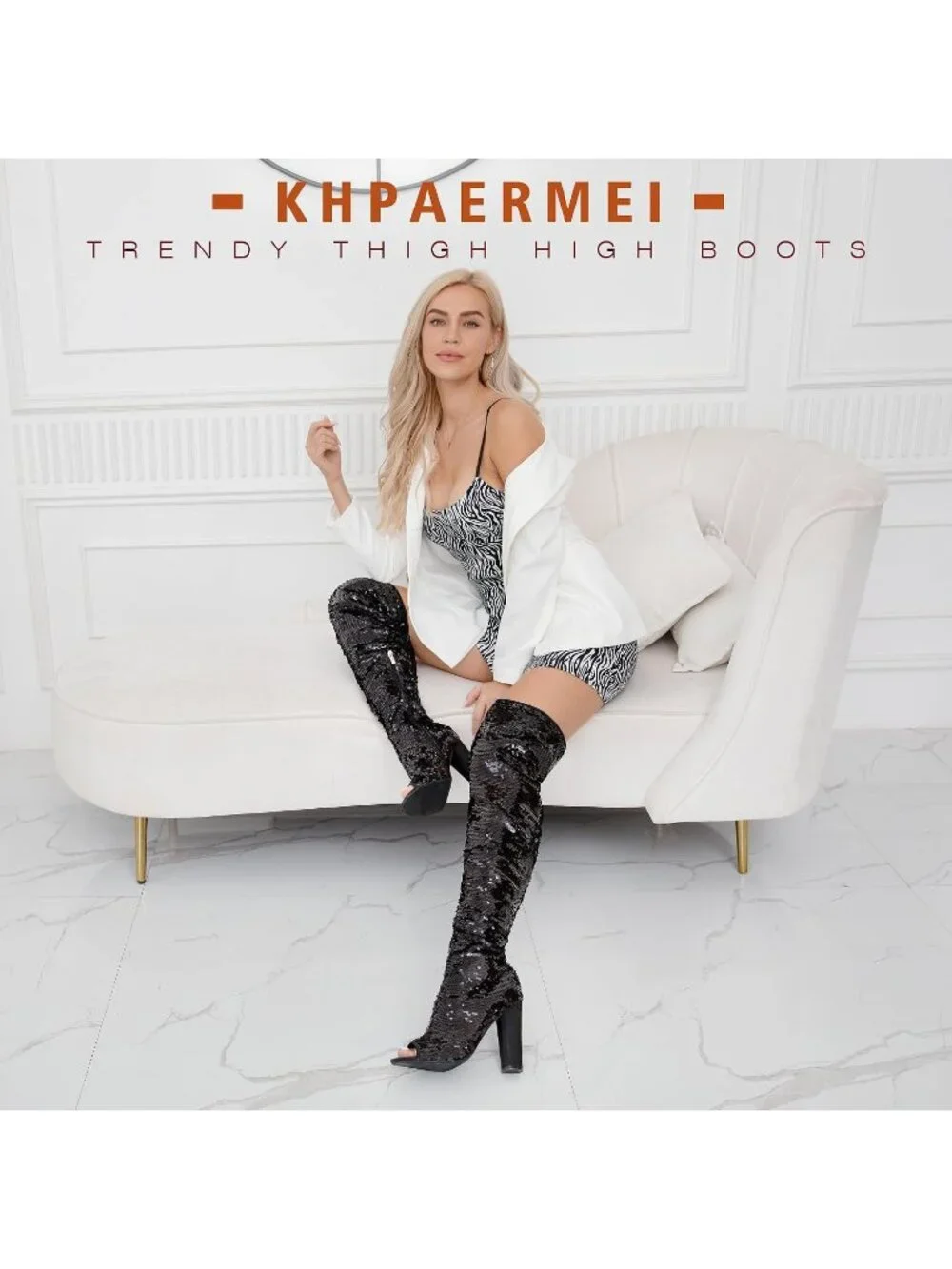 Women's Black Chunky High Heels Open Toe Sequin Over The Knee Thigh High Boots